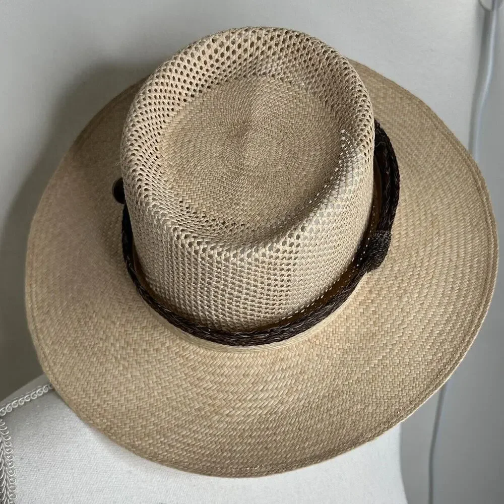 Temple Tan & Brown Basket Weave Rattan Wide Brim Hat Embellished Dark Brown Band
